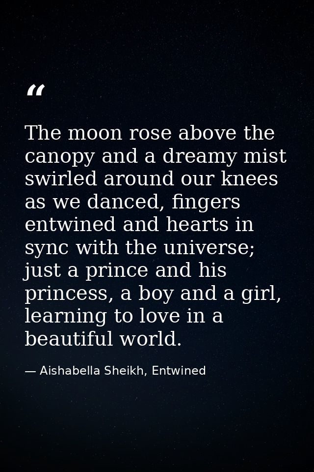 The moon rose above the canopy and a dreamy mist swirled around our knees as we danced, fingers entwined and hearts in s — Aishabella Sheikh, Entwined