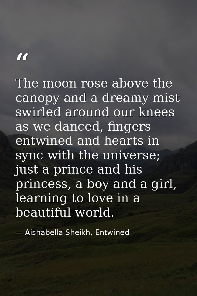 The moon rose above the canopy and a dreamy mist swirled around our knees as we danced, fingers entwined and hearts in s — Aishabella Sheikh, Entwined