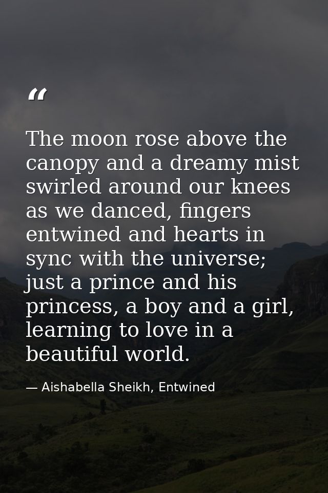 The moon rose above the canopy and a dreamy mist swirled around our knees as we danced, fingers entwined and hearts in s — Aishabella Sheikh, Entwined