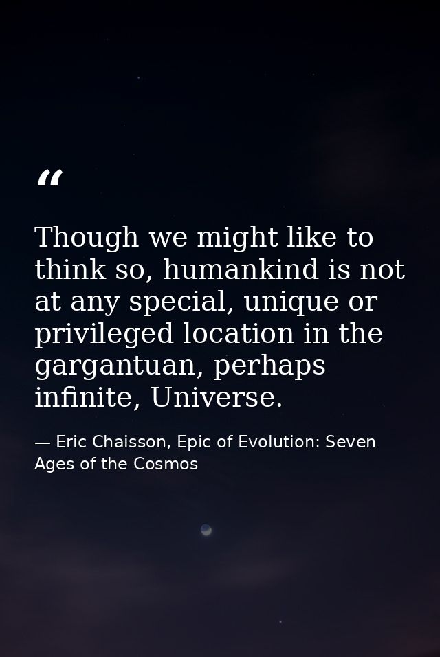 Though we might like to think so, humankind is not at any special, unique or privileged location in the gargantuan, perh — Eric Chaisson, Epic of Evolution: Seven Ages of the Cosmos