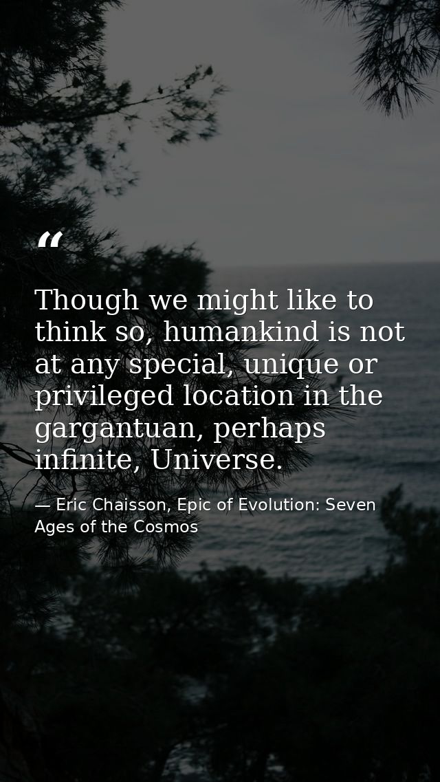 Though we might like to think so, humankind is not at any special, unique or privileged location in the gargantuan, perh — Eric Chaisson, Epic of Evolution: Seven Ages of the Cosmos