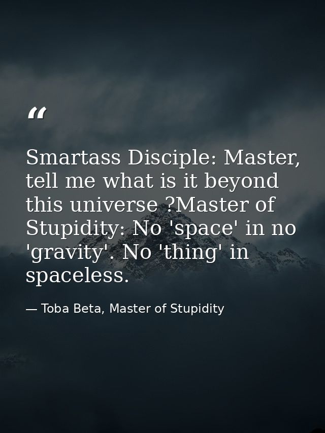 Smartass Disciple: Master, tell me what is it beyond this universe ?Master of Stupidity: No 'space' in no 'gravity'. No  — Toba Beta, Master of Stupidity