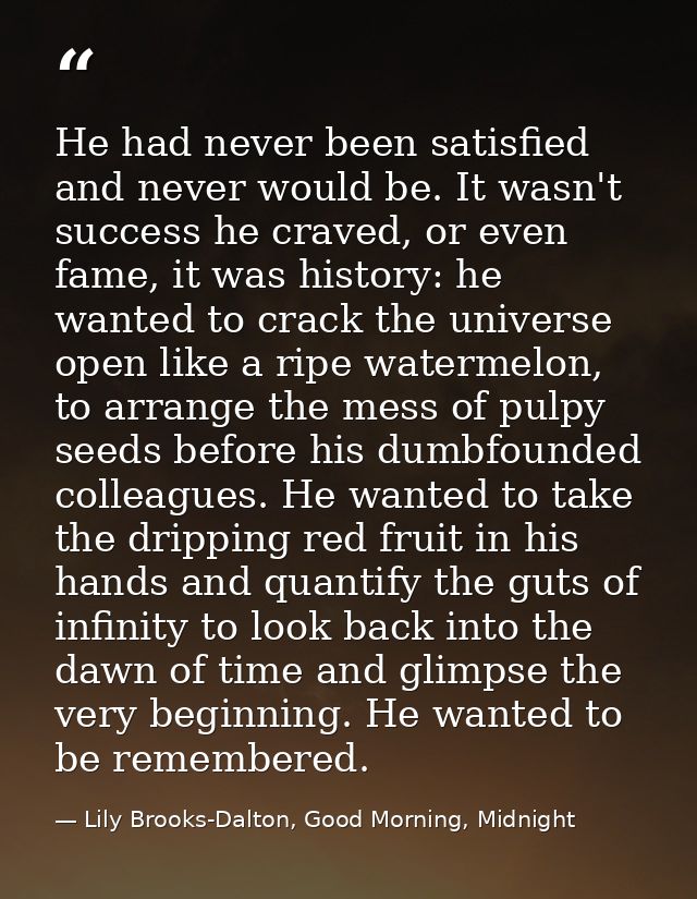 He had never been satisfied and never would be. It wasn't success he craved, or even fame, it was history: he wanted to  — Lily Brooks-Dalton, Good Morning, Midnight