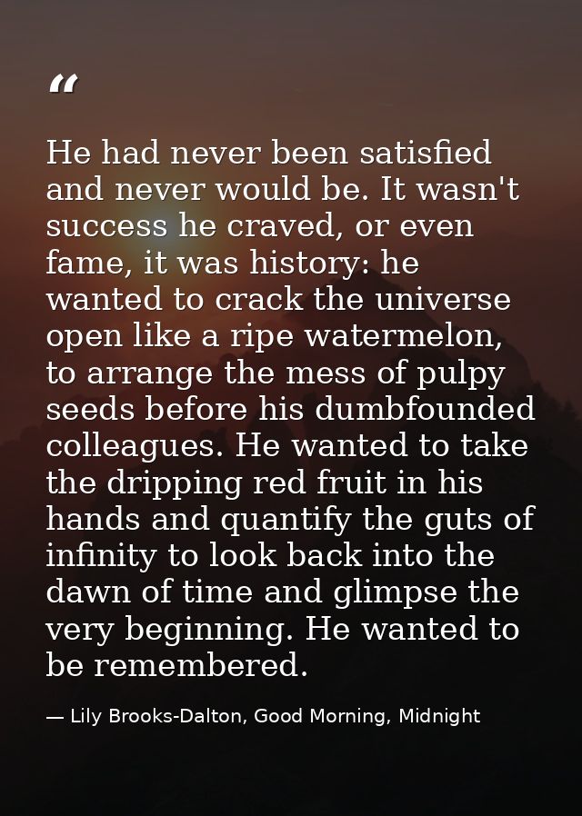 He had never been satisfied and never would be. It wasn't success he craved, or even fame, it was history: he wanted to  — Lily Brooks-Dalton, Good Morning, Midnight
