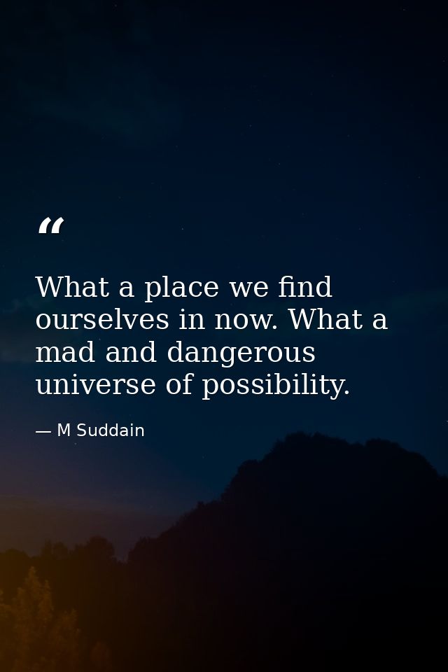 What a place we find ourselves in now. What a mad and dangerous universe of possibility. — M Suddain