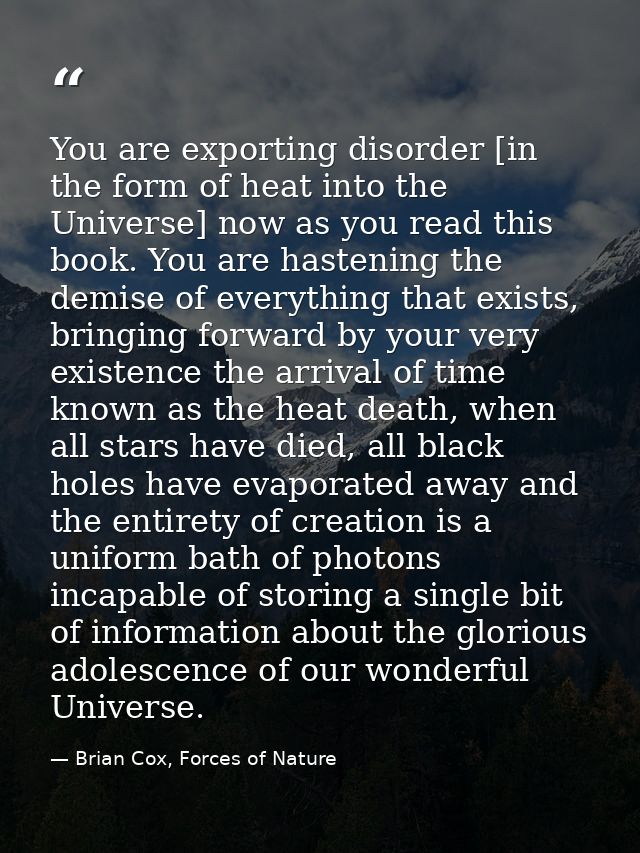 You are exporting disorder [in the form of heat into the Universe] now as you read this book. You are hastening the demi — Brian Cox, Forces of Nature