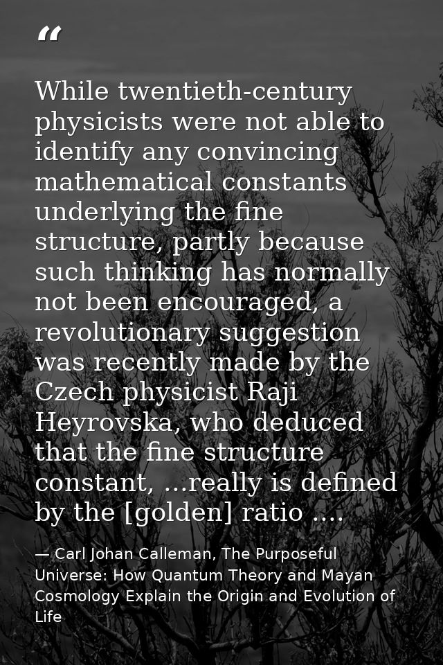 While twentieth-century physicists were not able to identify any convincing mathematical constants underlying the fine s — Carl Johan Calleman, The Purposeful Universe: How Quantum Theory and Mayan Cosmology Explain the Origin and Evolution of Life