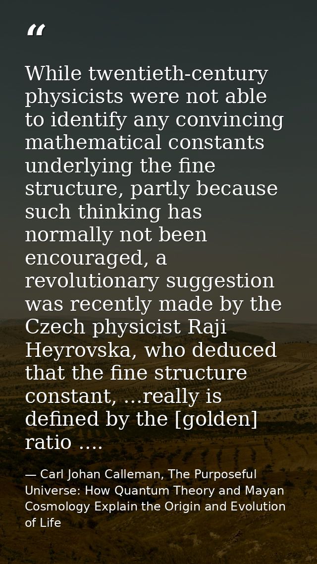 While twentieth-century physicists were not able to identify any convincing mathematical constants underlying the fine s — Carl Johan Calleman, The Purposeful Universe: How Quantum Theory and Mayan Cosmology Explain the Origin and Evolution of Life