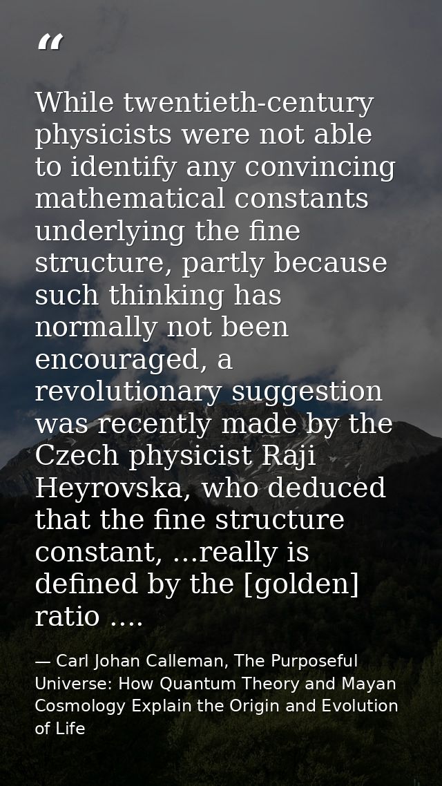 While twentieth-century physicists were not able to identify any convincing mathematical constants underlying the fine s — Carl Johan Calleman, The Purposeful Universe: How Quantum Theory and Mayan Cosmology Explain the Origin and Evolution of Life