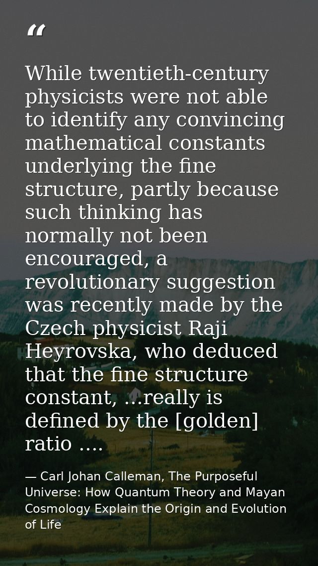 While twentieth-century physicists were not able to identify any convincing mathematical constants underlying the fine s — Carl Johan Calleman, The Purposeful Universe: How Quantum Theory and Mayan Cosmology Explain the Origin and Evolution of Life