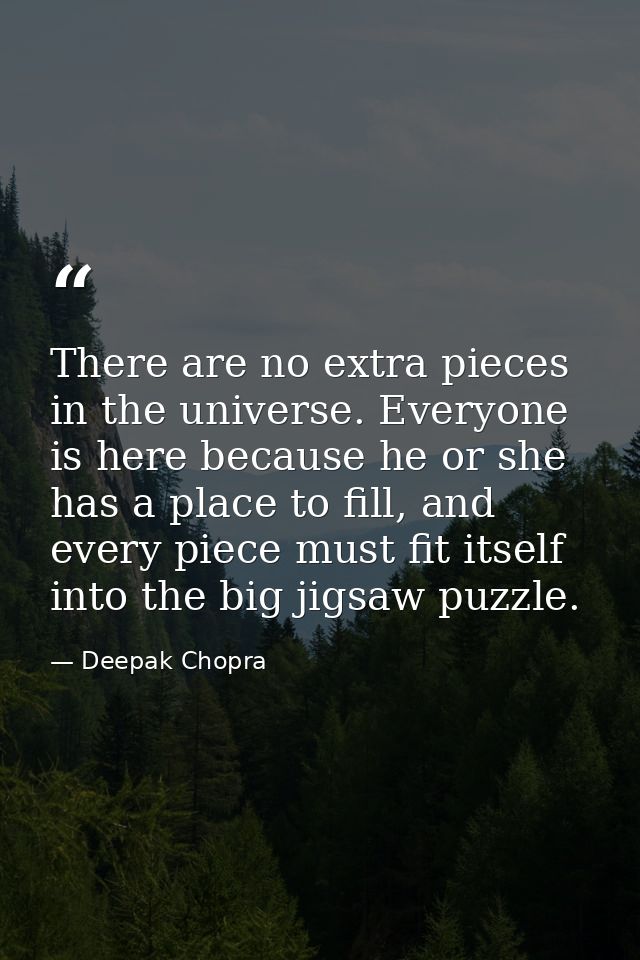 There are no extra pieces in the universe. Everyone is here because he or she has a place to fill, and every piece must  — Deepak Chopra