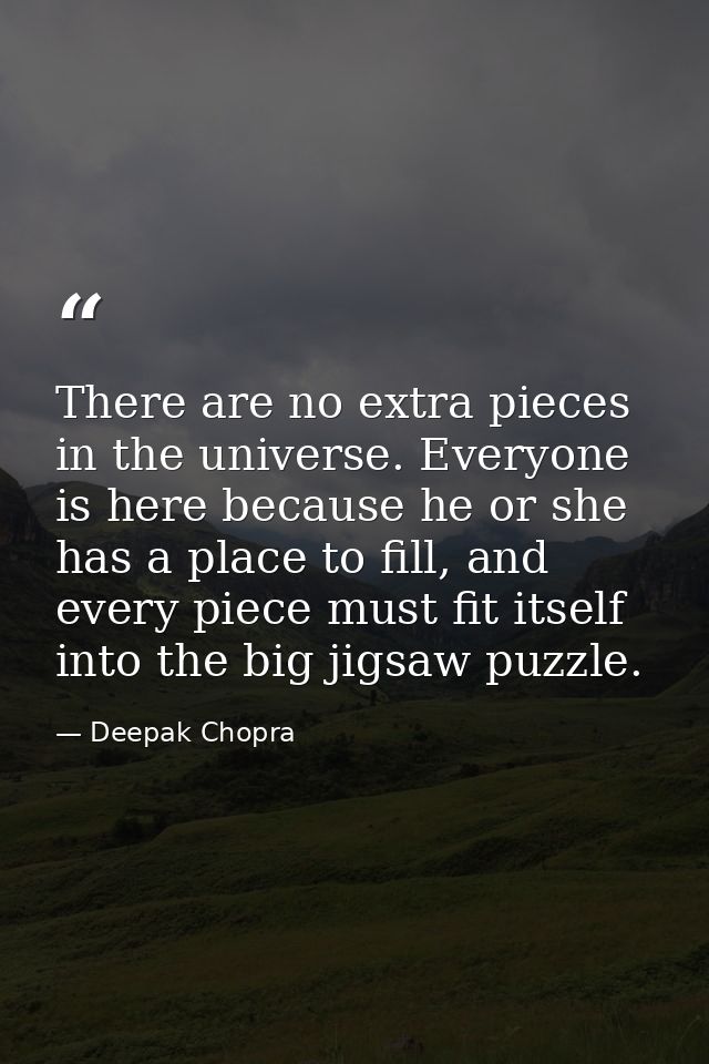 There are no extra pieces in the universe. Everyone is here because he or she has a place to fill, and every piece must  — Deepak Chopra