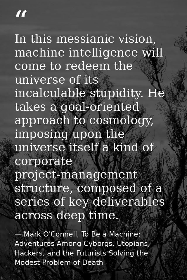 In this messianic vision, machine intelligence will come to redeem the universe of its incalculable stupidity. He takes  — Mark O'Connell, To Be a Machine: Adventures Among Cyborgs, Utopians, Hackers, and the Futurists Solving the Modest Problem of Death