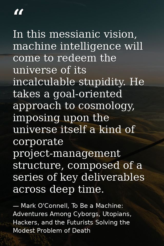 In this messianic vision, machine intelligence will come to redeem the universe of its incalculable stupidity. He takes  — Mark O'Connell, To Be a Machine: Adventures Among Cyborgs, Utopians, Hackers, and the Futurists Solving the Modest Problem of Death