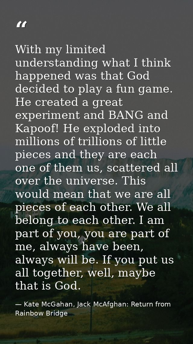 With my limited understanding what I think happened was that God decided to play a fun game. He created a great experime — Kate McGahan, Jack McAfghan: Return from Rainbow Bridge