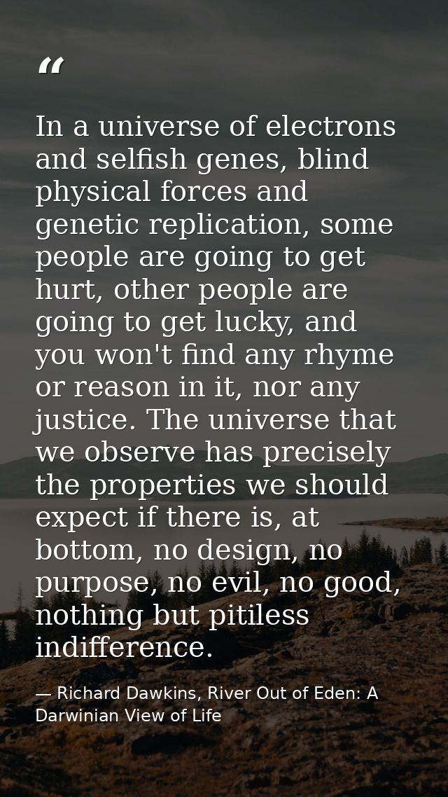 In a universe of electrons and selfish genes, blind physical forces and genetic replication, some people are going to ge — Richard Dawkins, River Out of Eden: A Darwinian View of Life