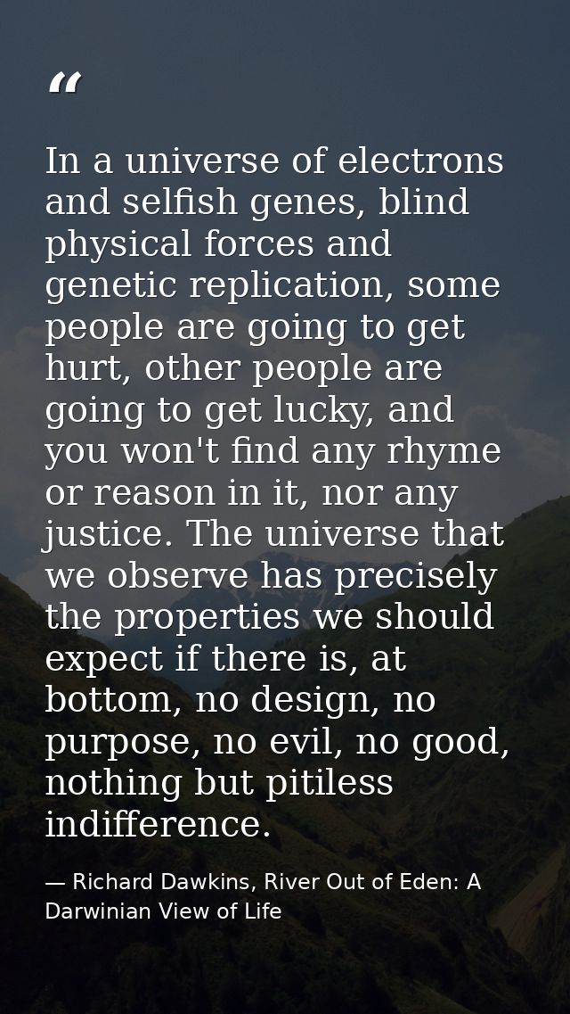 In a universe of electrons and selfish genes, blind physical forces and genetic replication, some people are going to ge — Richard Dawkins, River Out of Eden: A Darwinian View of Life