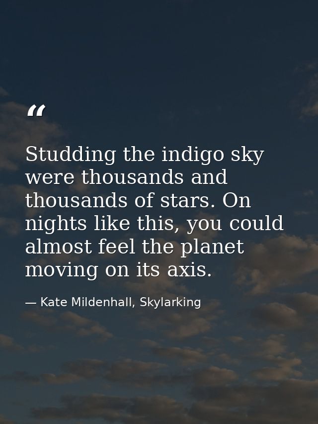 Studding the indigo sky were thousands and thousands of stars. On nights like this, you could almost feel the planet mov — Kate Mildenhall, Skylarking