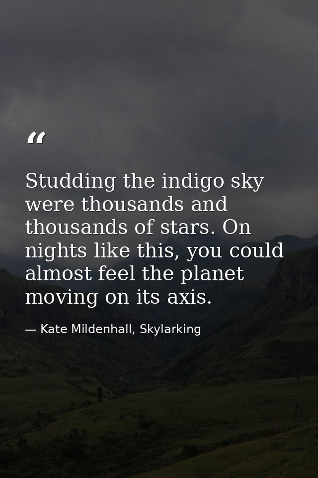 Studding the indigo sky were thousands and thousands of stars. On nights like this, you could almost feel the planet mov — Kate Mildenhall, Skylarking