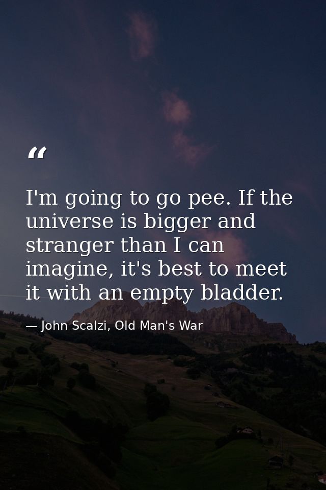 I'm going to go pee. If the universe is bigger and stranger than I can imagine, it's best to meet it with an empty bladd — John Scalzi, Old Man's War
