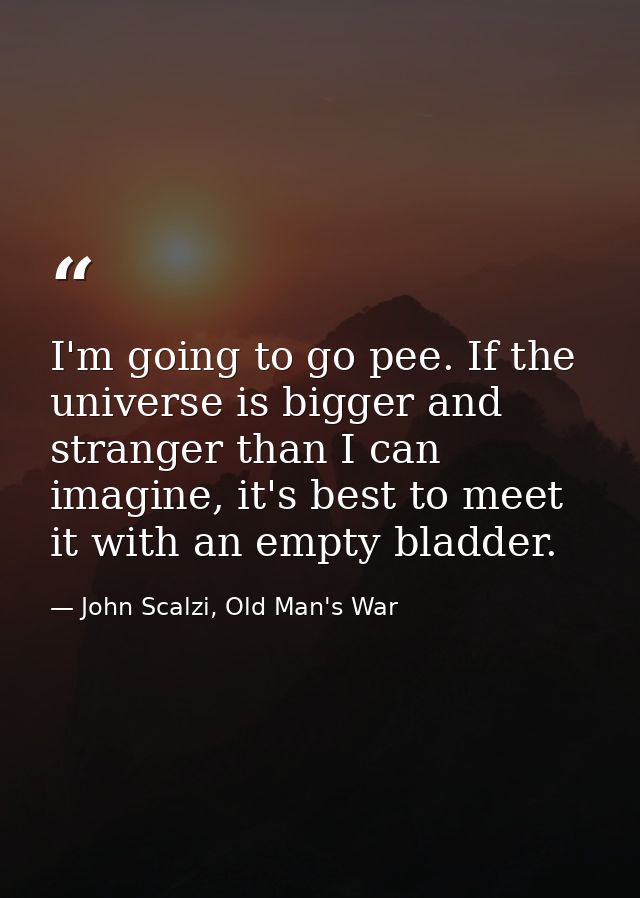 I'm going to go pee. If the universe is bigger and stranger than I can imagine, it's best to meet it with an empty bladd — John Scalzi, Old Man's War