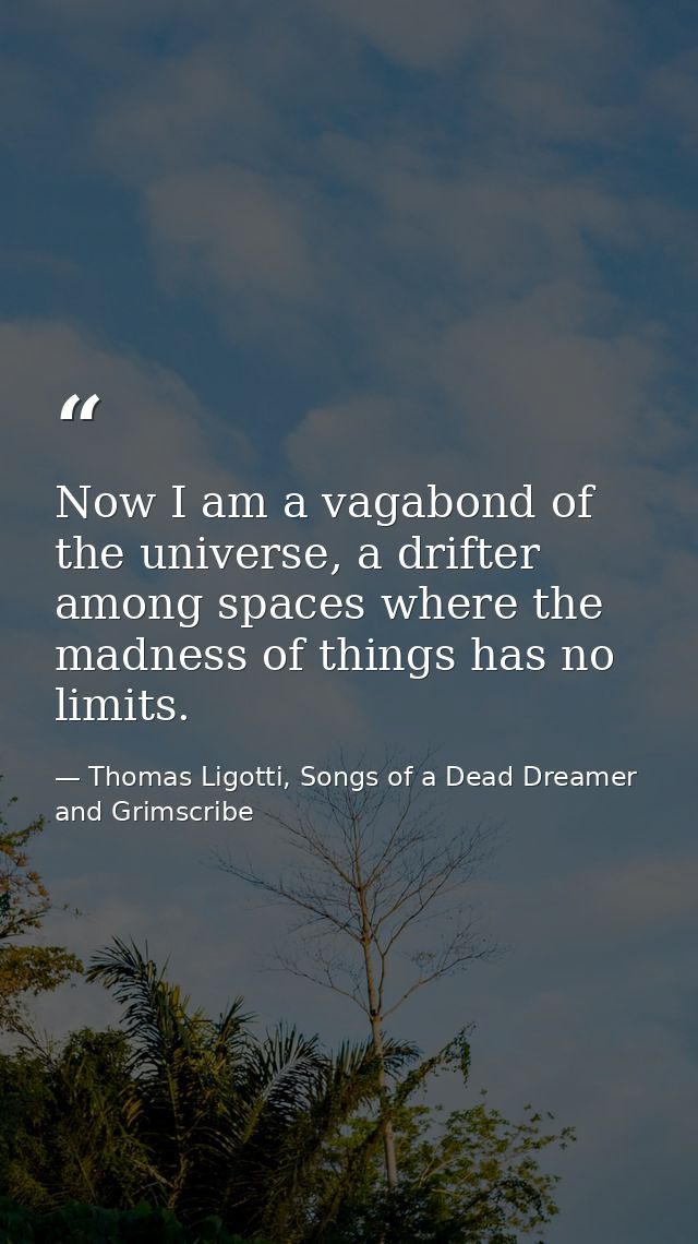 Now I am a vagabond of the universe, a drifter among spaces where the madness of things has no limits. — Thomas Ligotti, Songs of a Dead Dreamer and Grimscribe