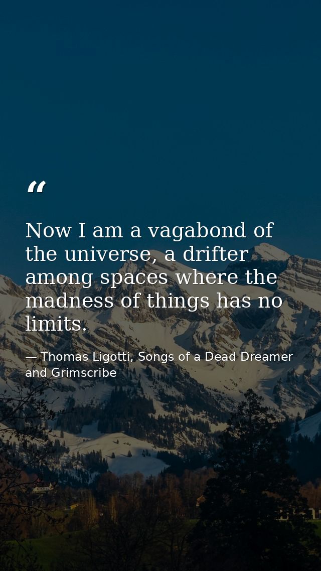 Now I am a vagabond of the universe, a drifter among spaces where the madness of things has no limits. — Thomas Ligotti, Songs of a Dead Dreamer and Grimscribe