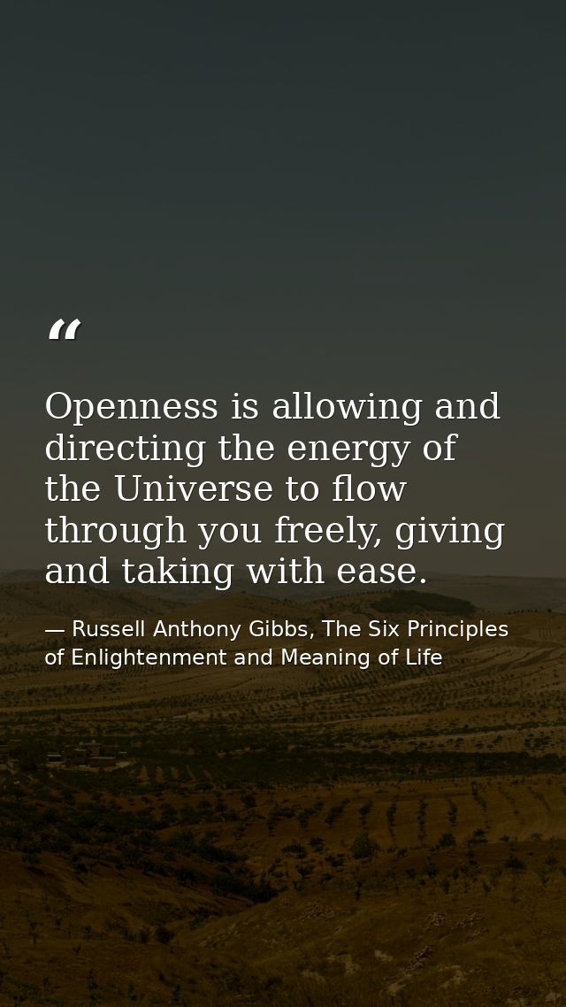 Openness is allowing and directing the energy of the Universe to flow through you freely, giving and taking with ease. — Russell Anthony Gibbs, The Six Principles of Enlightenment and Meaning of Life