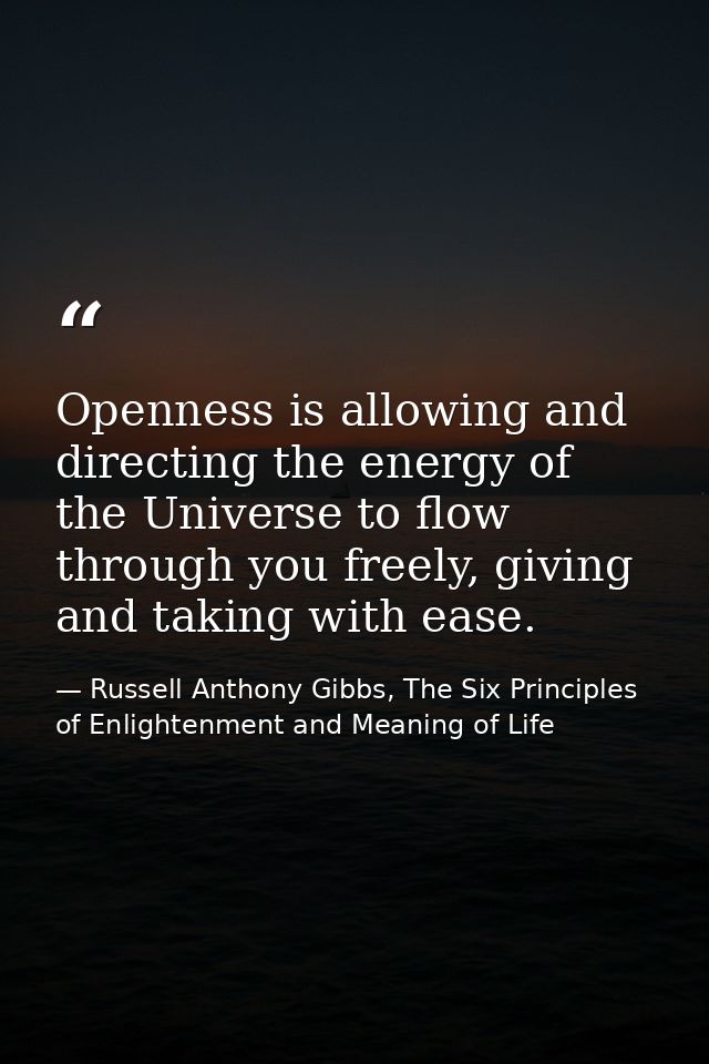 Openness is allowing and directing the energy of the Universe to flow through you freely, giving and taking with ease. — Russell Anthony Gibbs, The Six Principles of Enlightenment and Meaning of Life