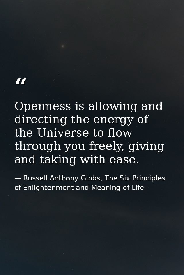 Openness is allowing and directing the energy of the Universe to flow through you freely, giving and taking with ease. — Russell Anthony Gibbs, The Six Principles of Enlightenment and Meaning of Life