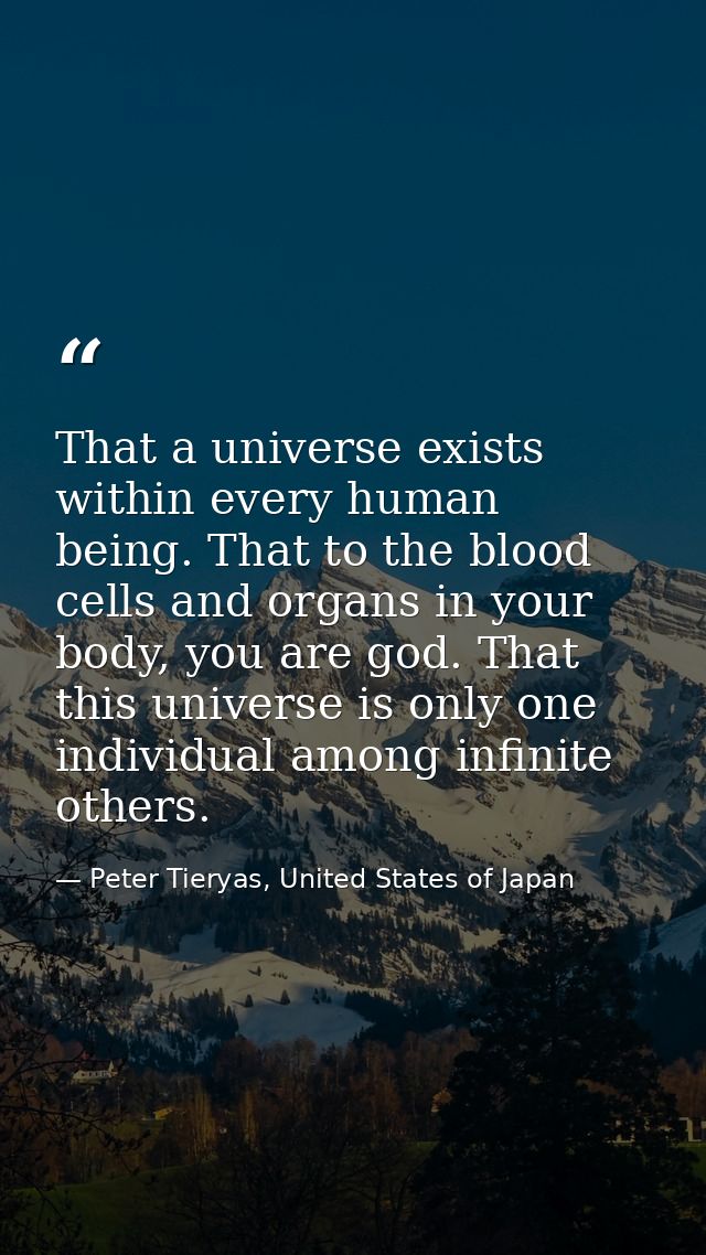That a universe exists within every human being. That to the blood cells and organs in your body, you are god. That this — Peter Tieryas, United States of Japan