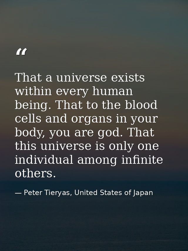 That a universe exists within every human being. That to the blood cells and organs in your body, you are god. That this — Peter Tieryas, United States of Japan
