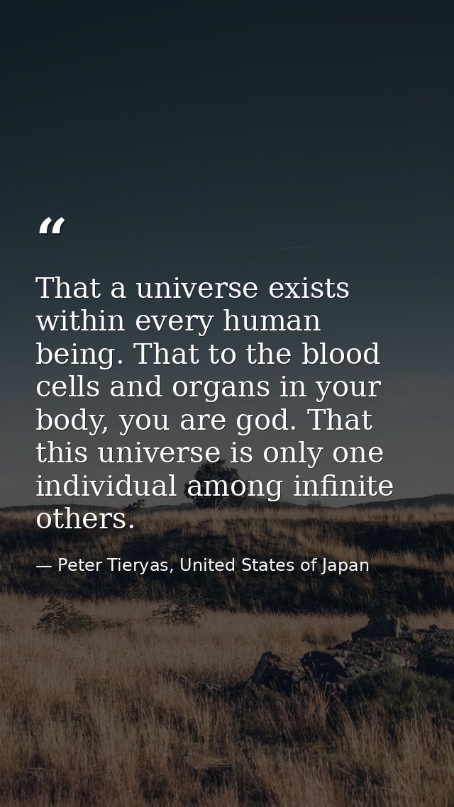 That a universe exists within every human being. That to the blood cells and organs in your body, you are god. That this — Peter Tieryas, United States of Japan