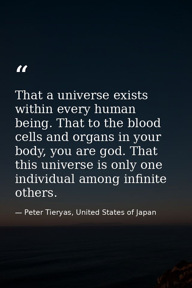 That a universe exists within every human being. That to the blood cells and organs in your body, you are god. That this — Peter Tieryas, United States of Japan