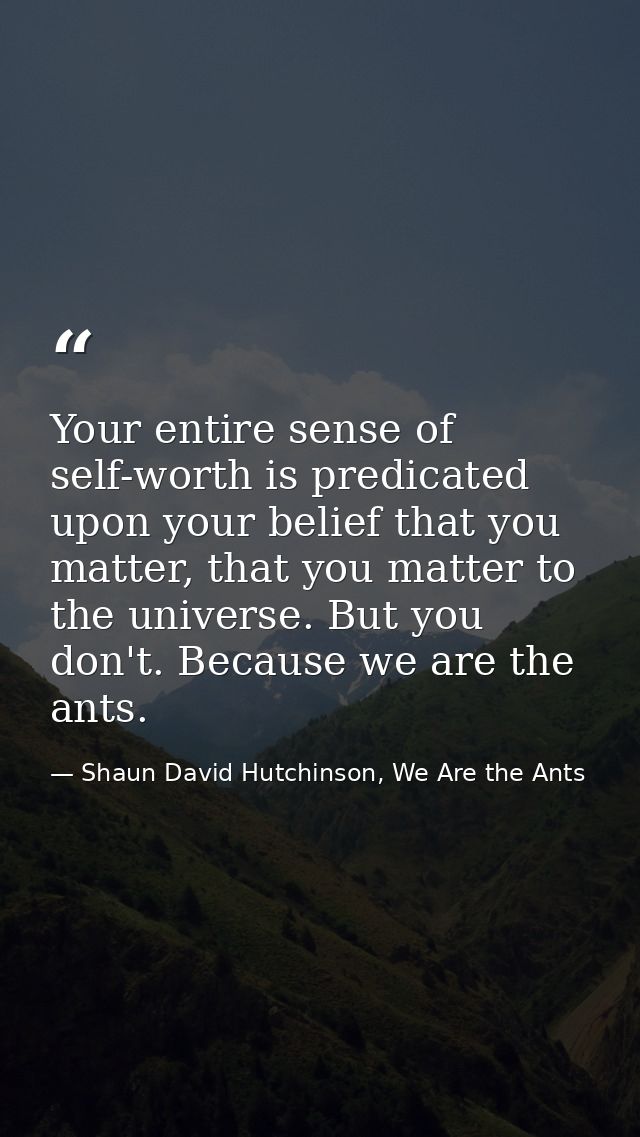 Your entire sense of self-worth is predicated upon your belief that you matter, that you matter to the universe. But you — Shaun David Hutchinson, We Are the Ants