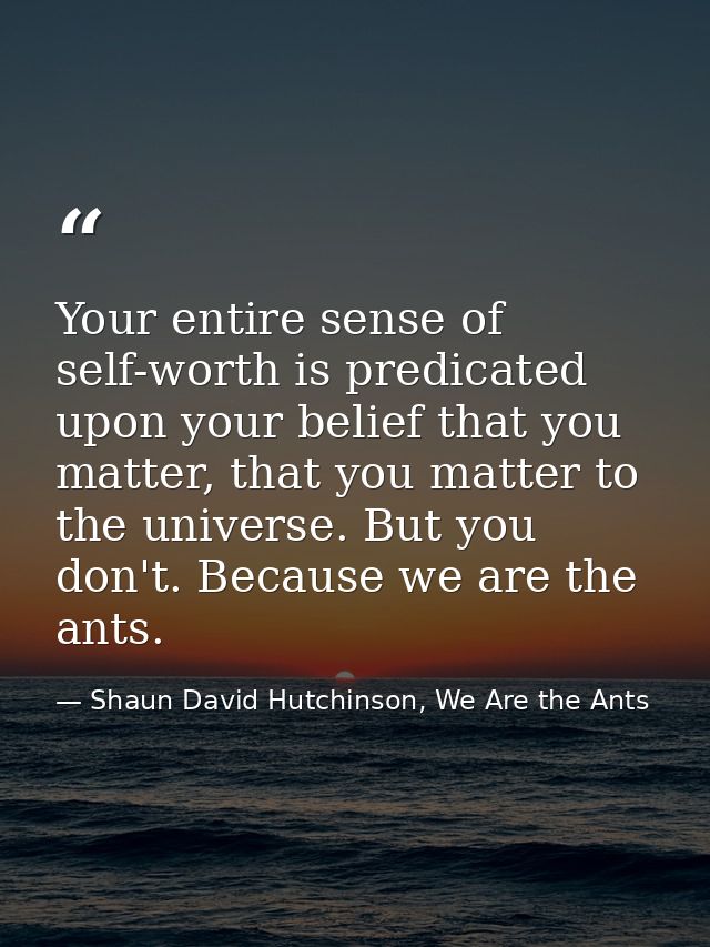 Your entire sense of self-worth is predicated upon your belief that you matter, that you matter to the universe. But you — Shaun David Hutchinson, We Are the Ants