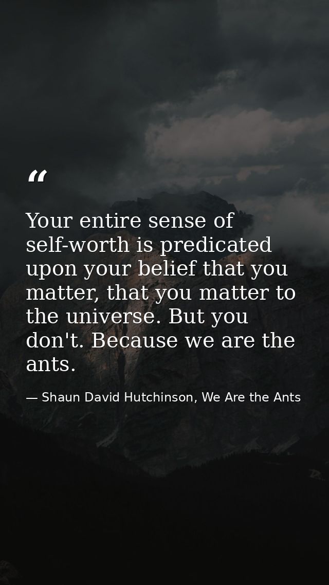 Your entire sense of self-worth is predicated upon your belief that you matter, that you matter to the universe. But you — Shaun David Hutchinson, We Are the Ants