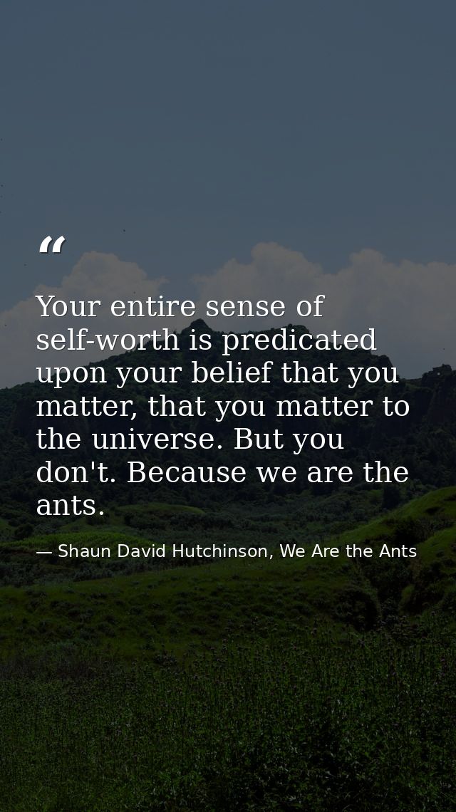Your entire sense of self-worth is predicated upon your belief that you matter, that you matter to the universe. But you — Shaun David Hutchinson, We Are the Ants
