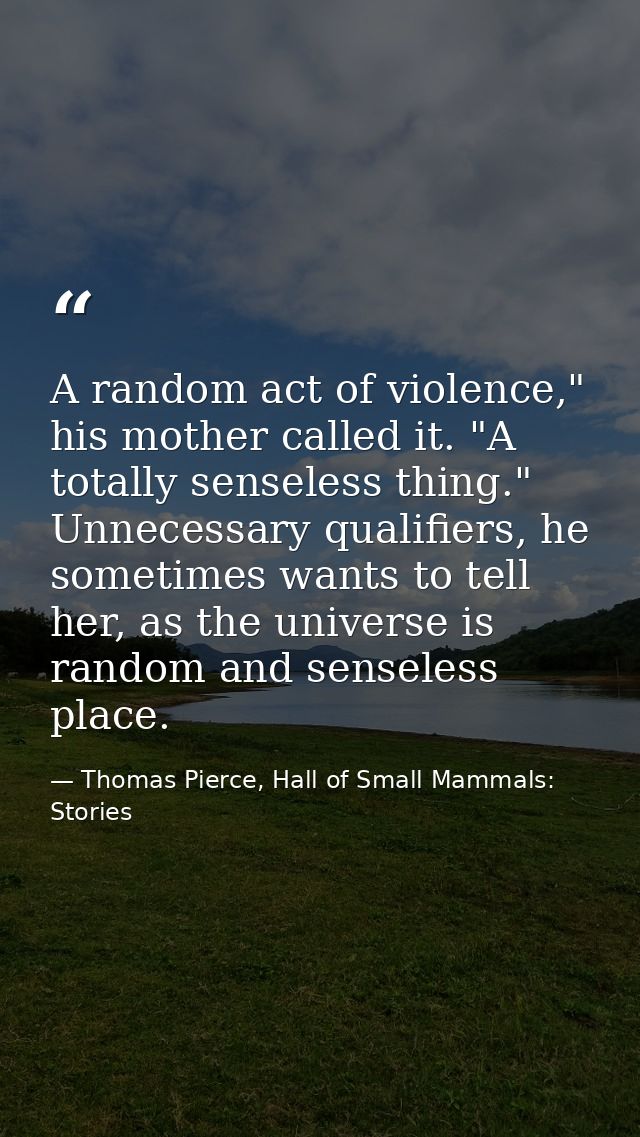 A random act of violence," his mother called it. "A totally senseless thing." Unnecessary qualifiers, he sometimes wants — Thomas Pierce, Hall of Small Mammals: Stories