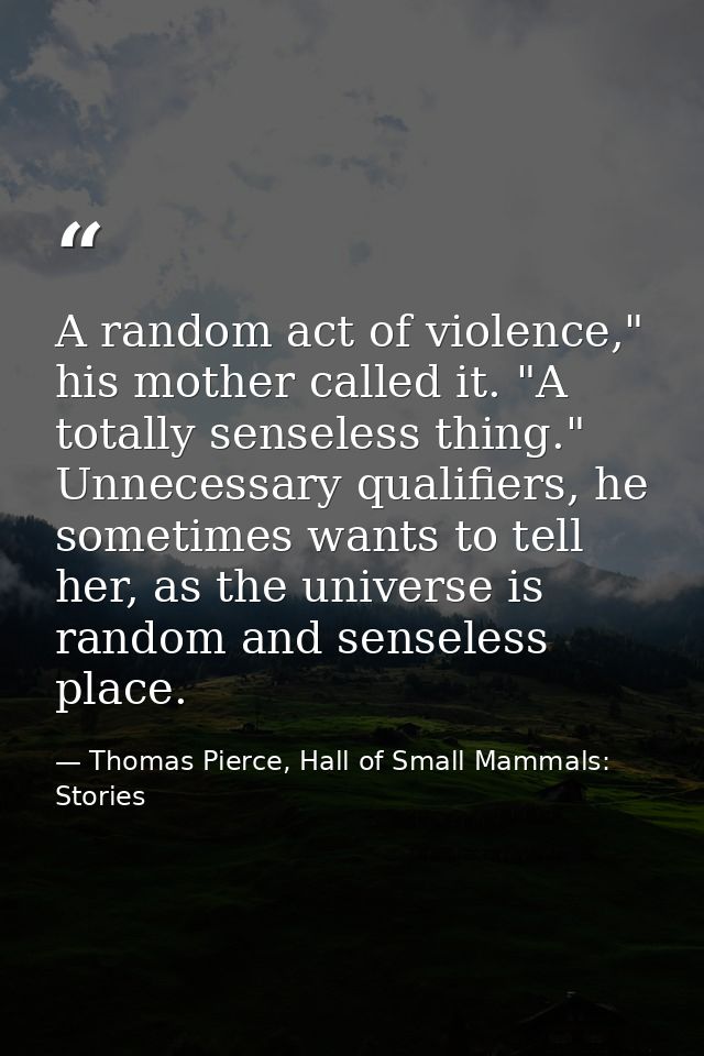 A random act of violence," his mother called it. "A totally senseless thing." Unnecessary qualifiers, he sometimes wants — Thomas Pierce, Hall of Small Mammals: Stories