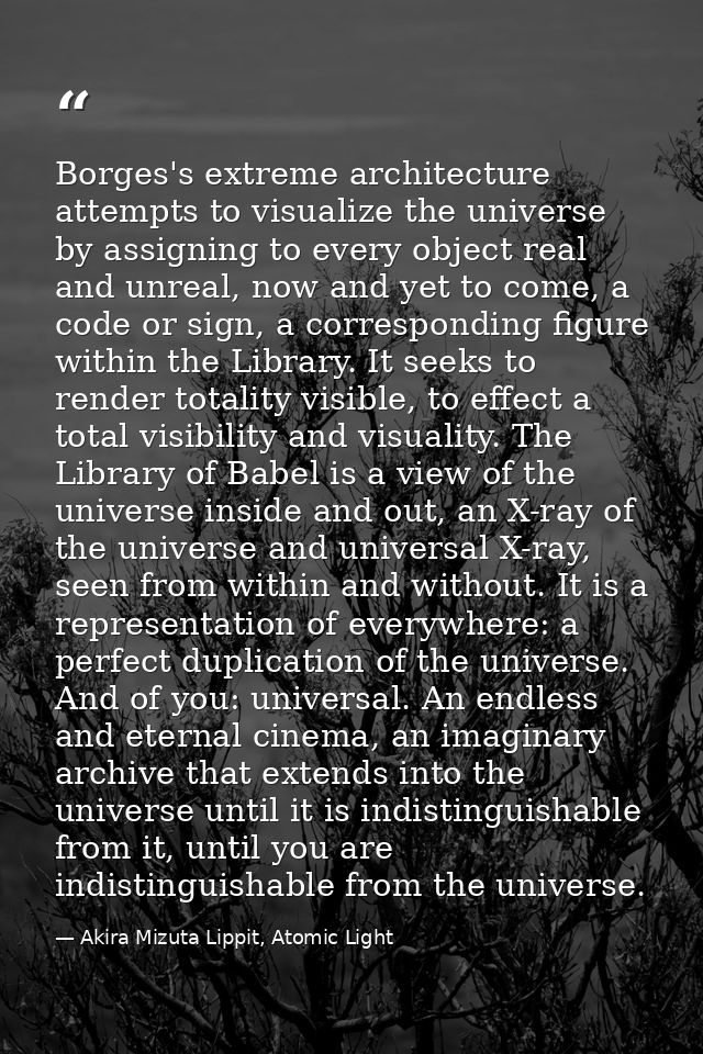 Borges's extreme architecture attempts to visualize the universe by assigning to every object real and unreal, now and y — Akira Mizuta Lippit, Atomic Light