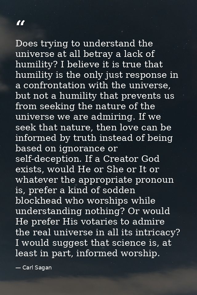 Does trying to understand the universe at all betray a lack of humility? I believe it is true that humility is the only  — Carl Sagan