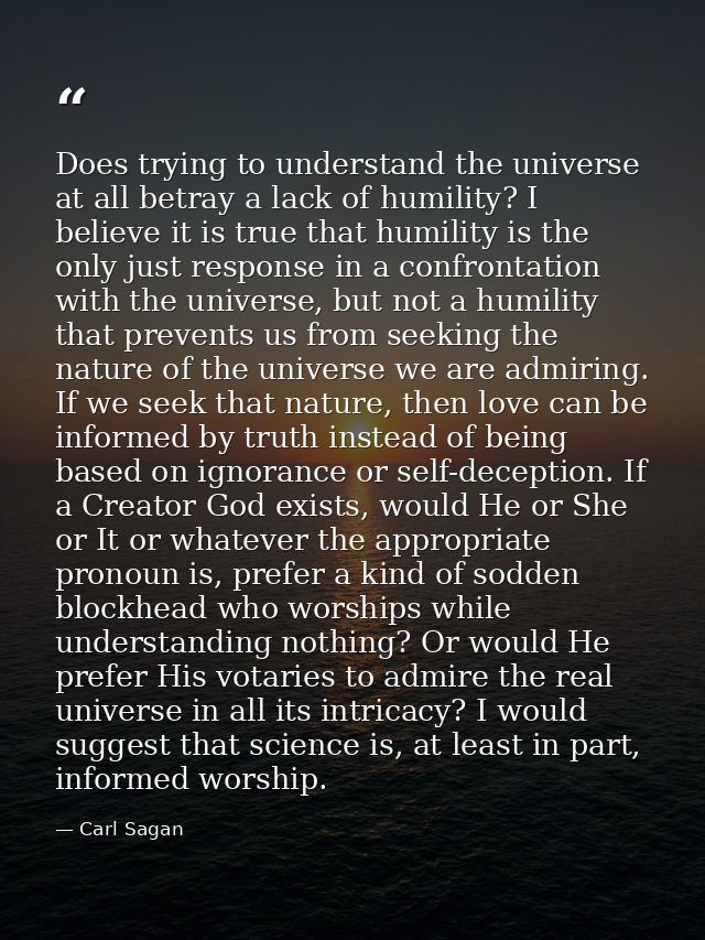 Does trying to understand the universe at all betray a lack of humility? I believe it is true that humility is the only  — Carl Sagan