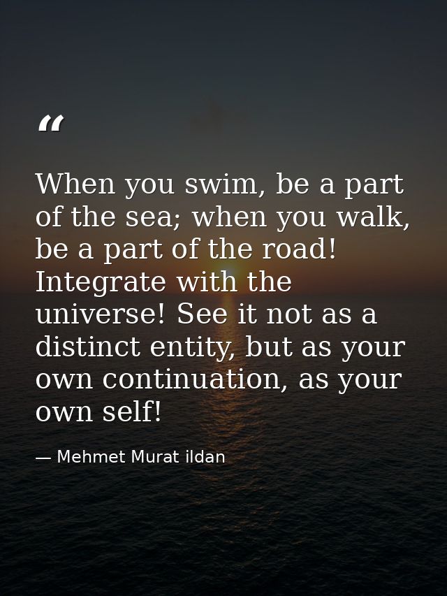 When you swim, be a part of the sea; when you walk, be a part of the road! Integrate with the universe! See it not as a  — Mehmet Murat ildan