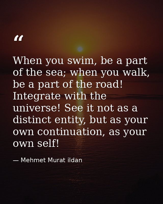When you swim, be a part of the sea; when you walk, be a part of the road! Integrate with the universe! See it not as a  — Mehmet Murat ildan