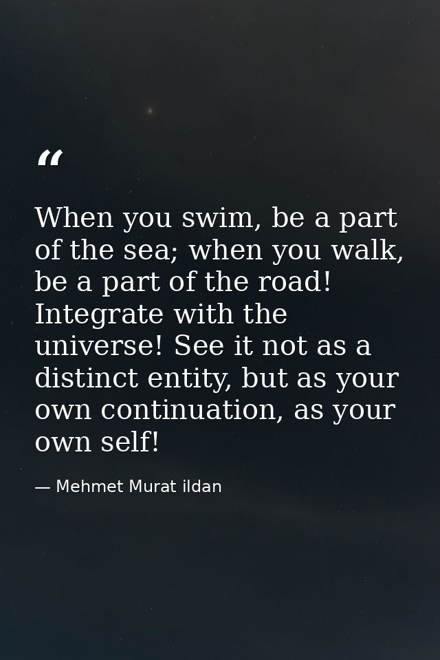 When you swim, be a part of the sea; when you walk, be a part of the road! Integrate with the universe! See it not as a  — Mehmet Murat ildan