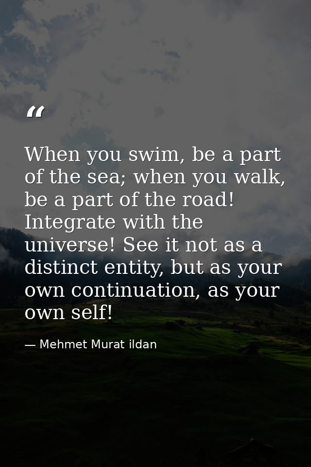 When you swim, be a part of the sea; when you walk, be a part of the road! Integrate with the universe! See it not as a  — Mehmet Murat ildan