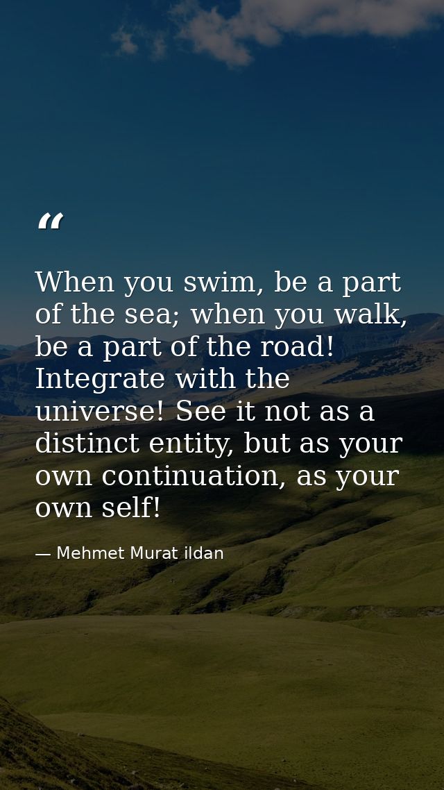 When you swim, be a part of the sea; when you walk, be a part of the road! Integrate with the universe! See it not as a  — Mehmet Murat ildan