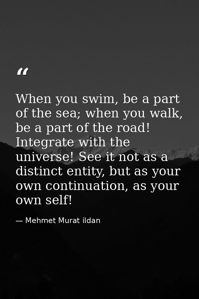 When you swim, be a part of the sea; when you walk, be a part of the road! Integrate with the universe! See it not as a  — Mehmet Murat ildan