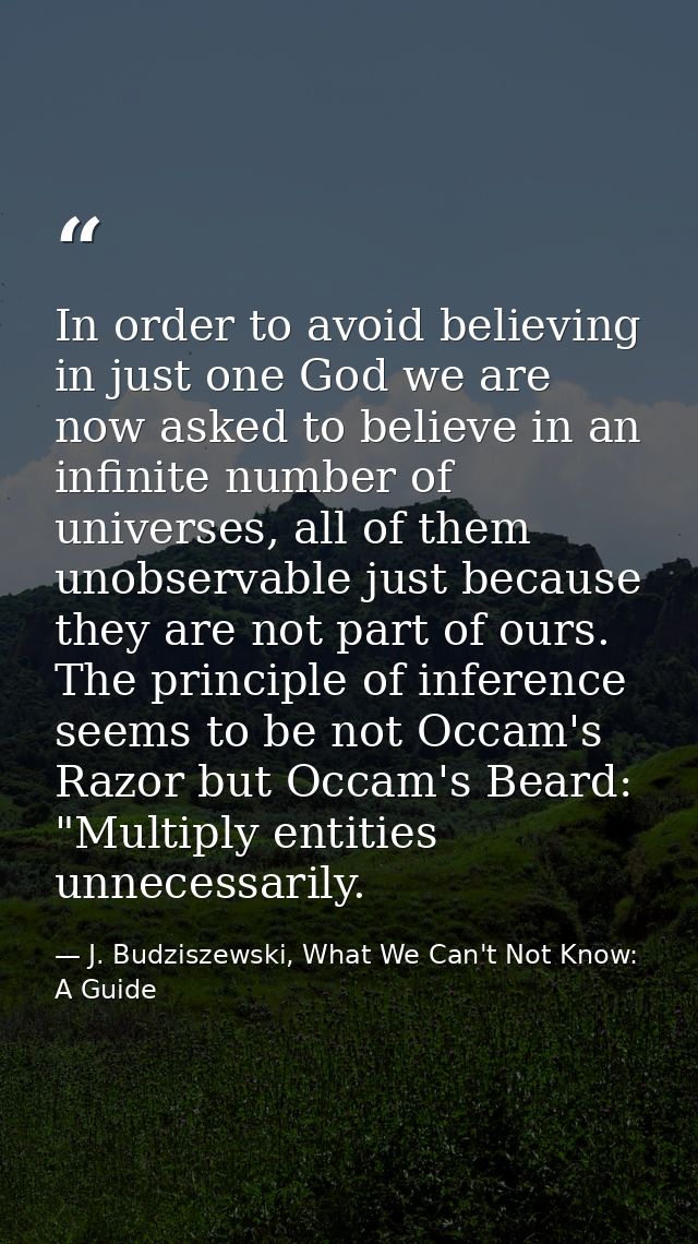 In order to avoid believing in just one God we are now asked to believe in an infinite number of universes, all of them  — J. Budziszewski, What We Can't Not Know: A Guide